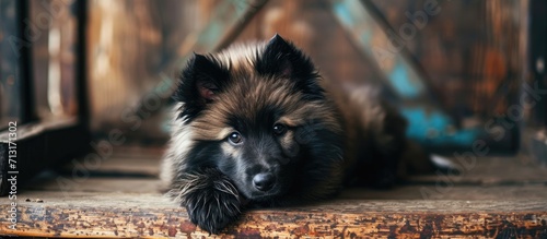 Cute little fluffy keeshond puppy. Copy space image. Place for adding text