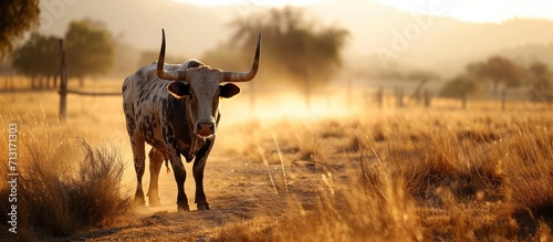 Bull in the dust on a Kimberley Cattle Station. Copy space image. Place for adding text photo