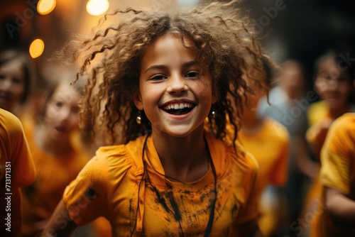 A cheerful young girl with bouncy curls radiates joy while standing outdoors in a yellow outfit, her smiling face shining brightly in the portrait photo