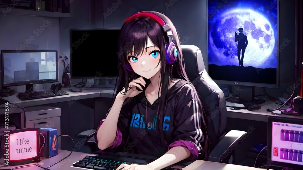 Anime girl sitting at the table and wearing headphones, anime wallpaper, anime background