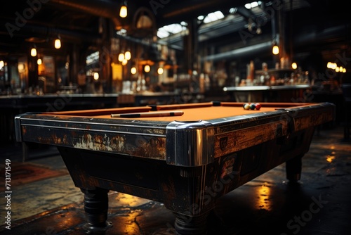 A sleek black billiard table stands in the center of a dimly lit recreation room, adorned with cue sticks and colorful billiard balls, beckoning for a night of competitive games and leisurely enterta photo