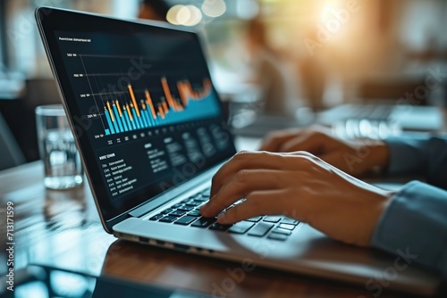 business man hand working on laptop computer financial with graphic graph chart diagram, stock market, investment, business strategy, digital technology, trading statistics concept