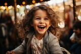 A joyful young girl embraces the world with her contagious laughter, showcasing her bright smile and carefree spirit in an outdoor street portrait