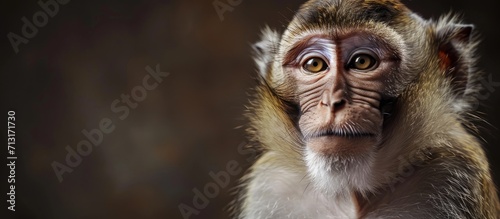 Close up of a long tailed macaque or crab eating macaque smiling. Copy space image. Place for adding text photo