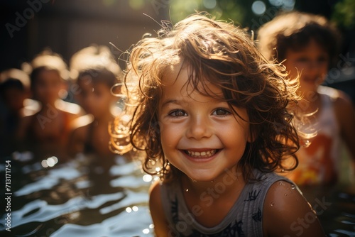 A joyful toddler beams with delight as she splashes in the cool water, her innocent face lit up with a wide, carefree smile on a warm summer day