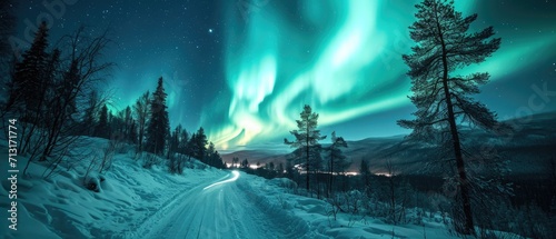 Amazing northern lights over a track through winter landscape in Finnish Lapland. The mesmerising aurora borealis