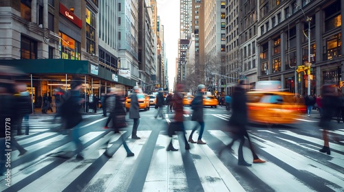 Crowds of people blurred in motion, walking on the urban busy city street, crossing pedestrian sign on the town road with cars traffic and taxi vehicles in the background. Rush hour,crosswalk movement © Nemanja