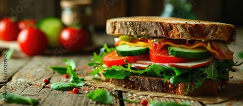 Showcase with one vegetable vegan sandwich in a cafe Bread for take away with cheese tomatoes cucumbers and green leaf and salad. Copy space image. Place for adding text photo