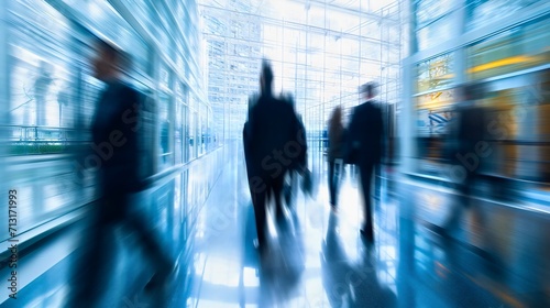 Businesspeople in elegant suits walking blurred in motion. Unrecognizable faces, company or corporation employees and executives rush movement through the hall, colleagues together in workplace