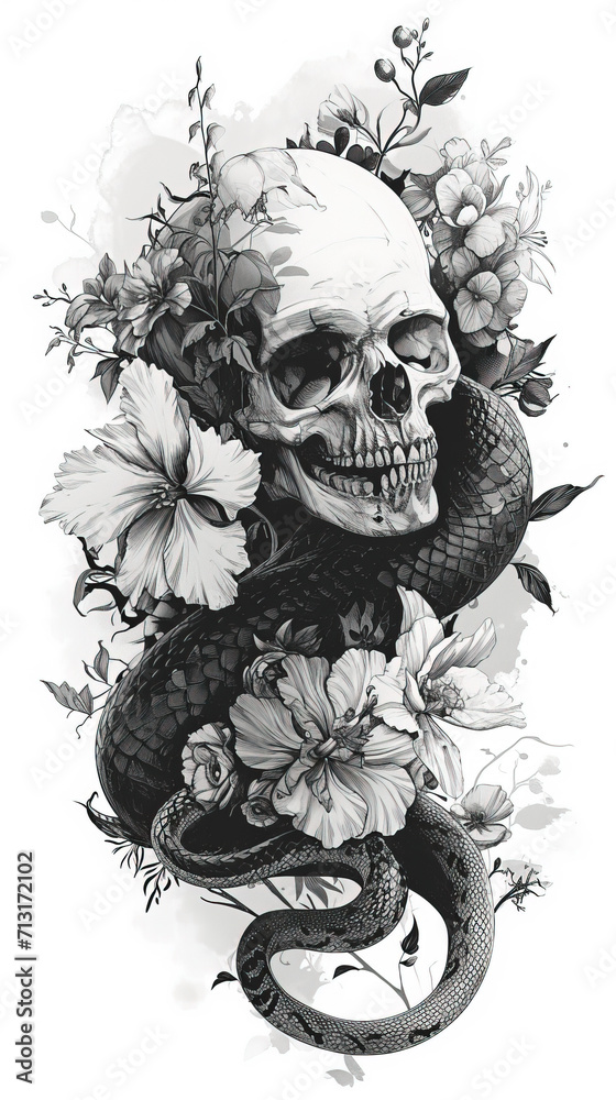 Fototapeta premium Skull and Serpent with Florals Monochrome Artwork created with Generative AI technology
