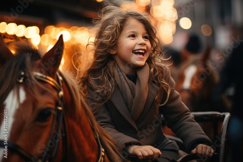 A joyful young woman confidently rides her majestic horse through the bustling city streets, adorned in equestrian gear and a bright smile on her face © Larisa AI