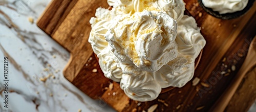 Vegan fresh cheese cream on wooden board Top view. Copy space image. Place for adding text