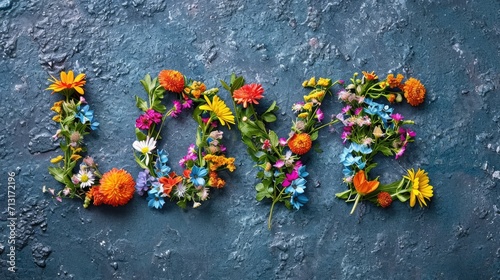 LOVE text written from colorful flowers. Bloom of Love. Floral Word Art.