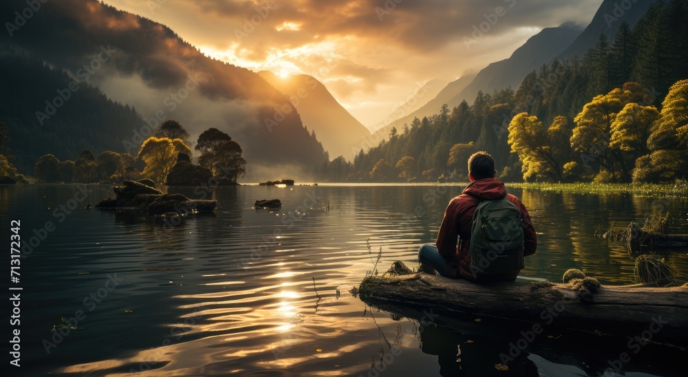 As the sun sets behind the fog-covered mountains, a lone hiker sits on a log, reflecting on the serene beauty of the outdoor landscape before him, while the sky and trees are mirrored in the still wa As the sun sets behind the fog-covered mountains, a lone hiker sits on a log, reflecting on the serene beauty of the outdoor landscape before him, while the sky and trees are mirrored in the still wa