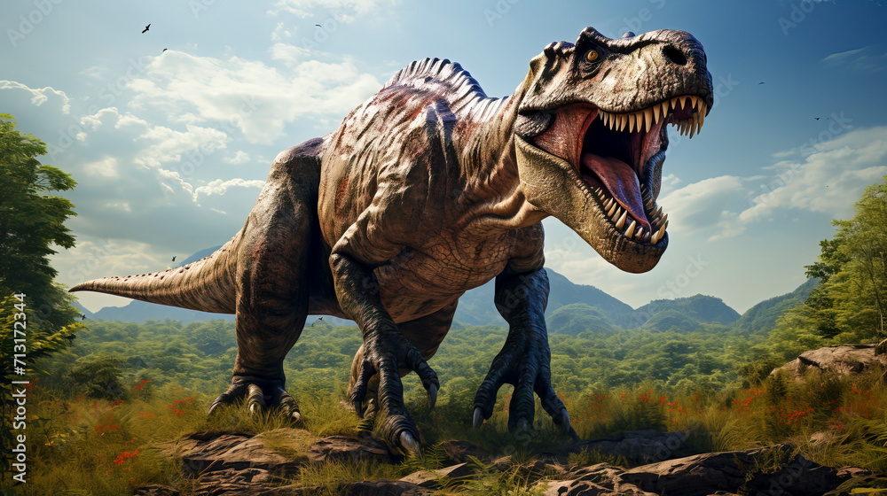 Fototapeta premium Tyrannosaurus Rex Roaring in the Cretaceous Forest created with Generative AI technology