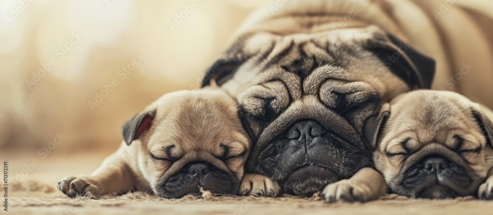 Little newborn pug puppies sleeping together with his mother. Copy space image. Place for adding text Little newborn pug puppies sleeping together with his mother. Copy space image. Place for adding text