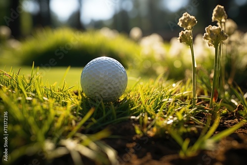 A solitary golf ball rests on the lush green grass, surrounded by vibrant flowers and the promise of a perfect day on the course