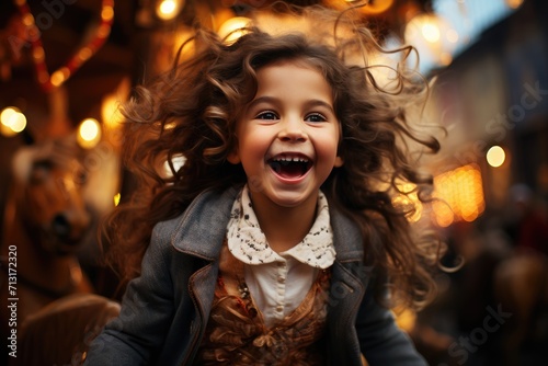 A joyful toddler stands on a busy street, her bright smile and open mouth capturing the essence of childhood innocence and wonder in this captivating portrait © Larisa AI