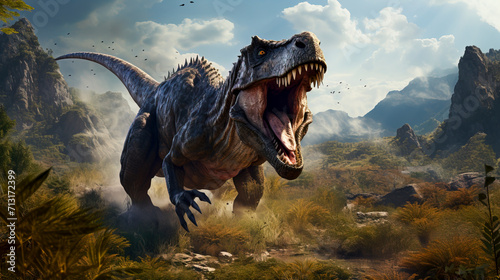 Tyrannosaurus Rex Roaring in the Cretaceous Forest created with Generative AI technology photo