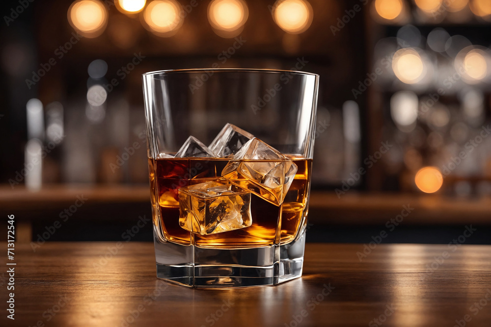 a glass of whiskey on the bar in front of the bar. Generative Ai