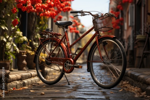 A vibrant red bicycle rests peacefully on the sidewalk, its wheels ready to carry its rider on a journey through the bustling city streets
