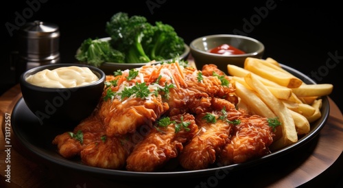A delectable spread of fried cuisine, featuring crispy chicken, savory sides, and a variety of flavorful sauces, perfect for a satisfying supper indoors