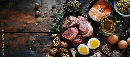 Foods High in Selenium as brasil nuts tuna shrimps beef liver chicken meat mushrooms pumpkin seeds sunflower seeds buckwheat and eggs Top view. Copy space image. Place for adding text