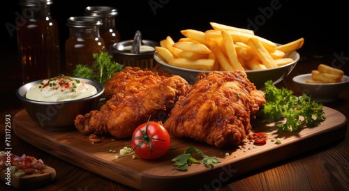 Indulge in a mouthwatering meal of crispy fried chicken and golden french fries, a perfect combination of fast food and comfort cuisine on a cozy indoor table