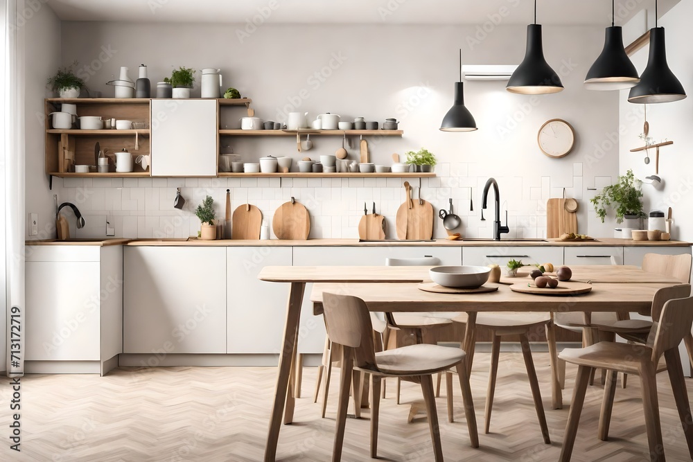 interior of modern kitchen in scandinavian style, selective focus