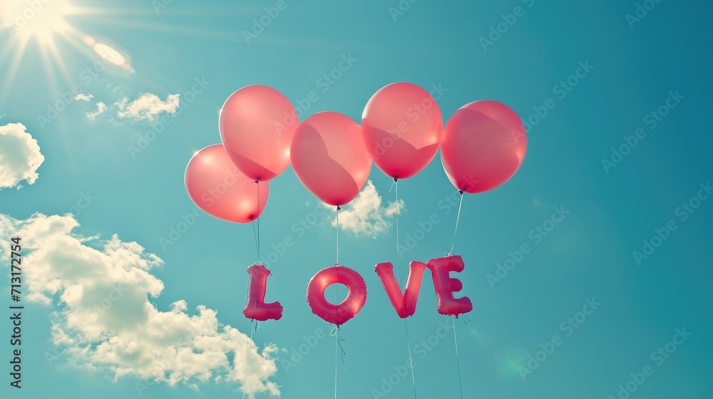 text LOVE written from pink air balloons on blue sky background with sunlight 
