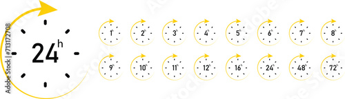 Set of delivery service time Yellow icons clock arrow 1 to 72 hours for design. Vector illustration