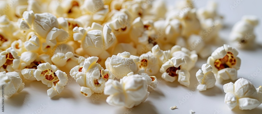 Macro popcorn isolated on white background. Copy space image. Place for adding text