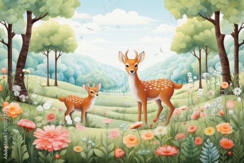 Dive into the whimsical charm of nature with a cartoon forest landscape  featuring animated trees  playful animals  and vibrant vegetation  Generative AI