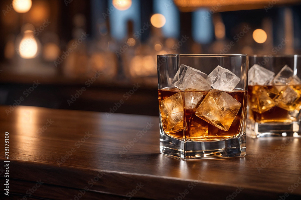 a glass of whiskey on the bar in front of the bar. Generative Ai