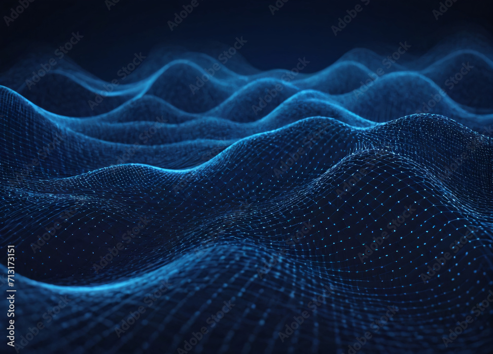 Wave of dots and weave lines. Abstract blue background for design on the topic of cyberspace, big data, metaverse, network security, data transfer on dark blue abstract cyberspace background