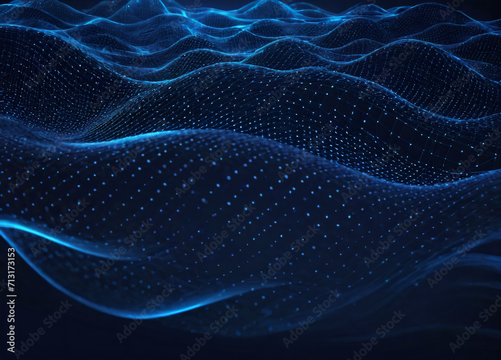 Fototapeta premium Wave of dots and weave lines. Abstract blue background for design on the topic of cyberspace, big data, metaverse, network security, data transfer on dark blue abstract cyberspace background