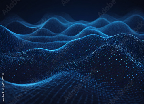 Wave of dots and weave lines. Abstract blue background for design on the topic of cyberspace, big data, metaverse, network security, data transfer on dark blue abstract cyberspace background