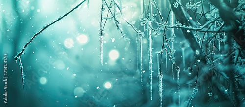 An abstract image of winter icicles features diamond sparkling vertical bokeh on a frosty teal forest background. Copy space image. Place for adding text