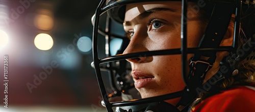 Close up of woman floorball goalkeeper in helmet concetrating on game in gym. Copy space image. Place for adding text photo