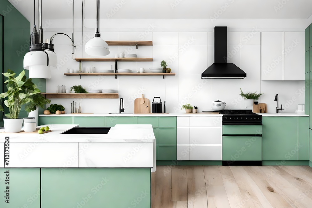 Minimalist and bright kitchen with white and green cupboards and black oven