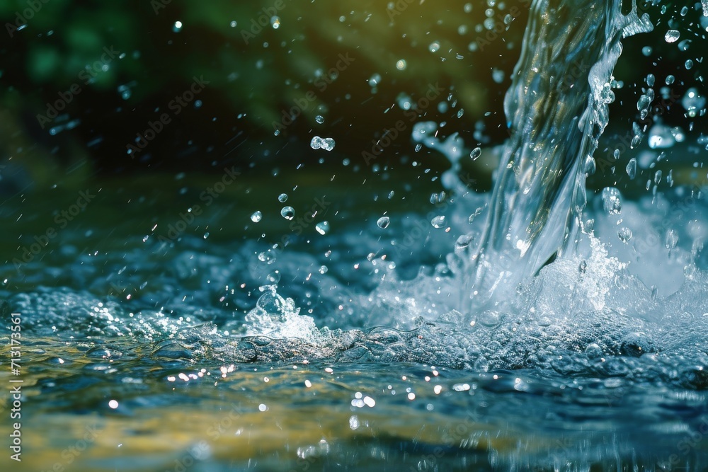 Water is clear and pristine, it’s in motion creating bubbles and splashes that are visible Water is clear and pristine, it’s in motion creating bubbles and splashes that are visible
