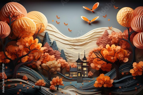 Paper quilling autumn Landscape, orange black Spring Scene, Paper Art, for Calendar and Wallpaper Background, AI generated