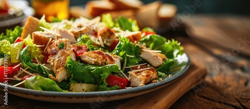 A delicious chicken caesar salad with parmesan cheese dressing and croutons. Copy space image. Place for adding text