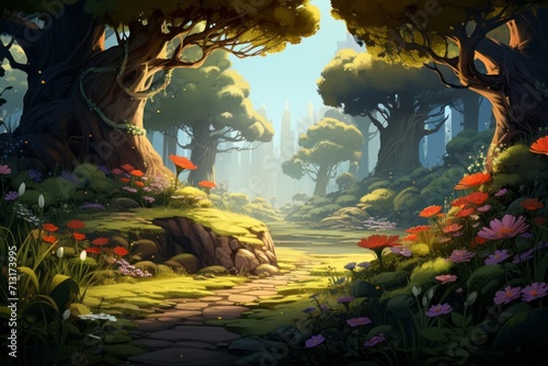 Elevate your visual storytelling with the playful allure of a cartoon forest scene  featuring animated trees  friendly forest  Generative AI