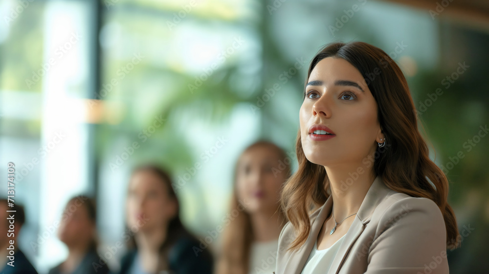 Beautiful businesswoman wearing an elegant suit, pretty female listening to an executive holding an educational speech to workers meeting in the office room interior. Employee training, presentation Beautiful businesswoman wearing an elegant suit, pretty female listening to an executive holding an educational speech to workers meeting in the office room interior. Employee training, presentation