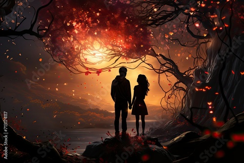 sweet scene with two people deeply in love under a magical love tree 