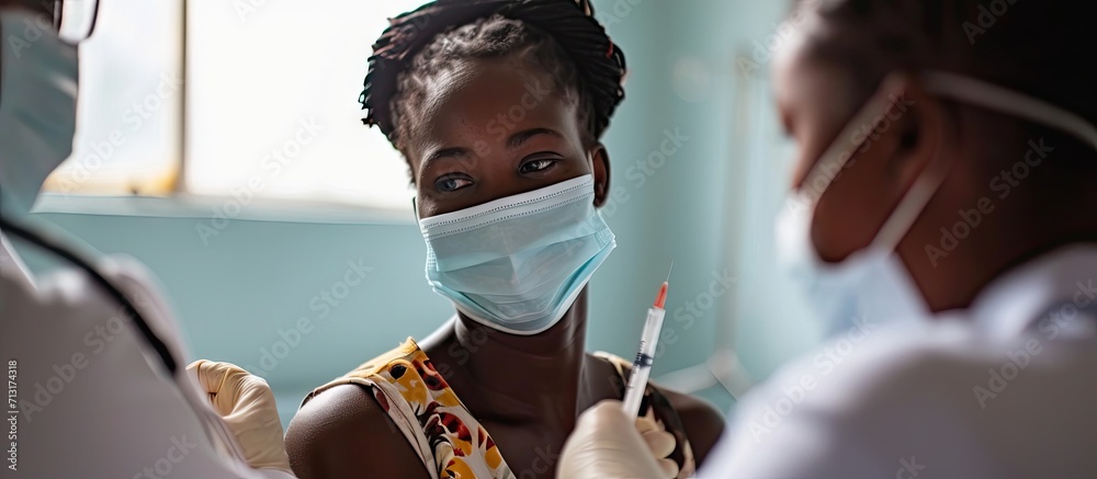 Clinical trial for new modern Covid 19 vaccine during global pandemic Young woman in medical face mask getting injection at hospital Doctor or nurse preparing syringe to give shot to female pat - obrazy, fototapety, plakaty 