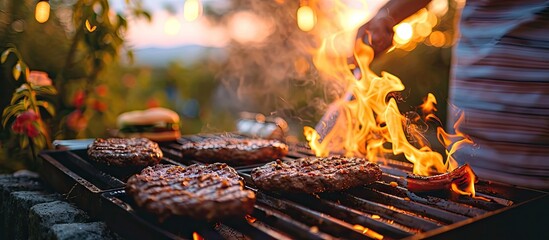 a man puts burger buns on the grill of a gas grill A gas grill is installed in the backyard of the household interesting pastime with family and friends. Copy space image. Place for adding text