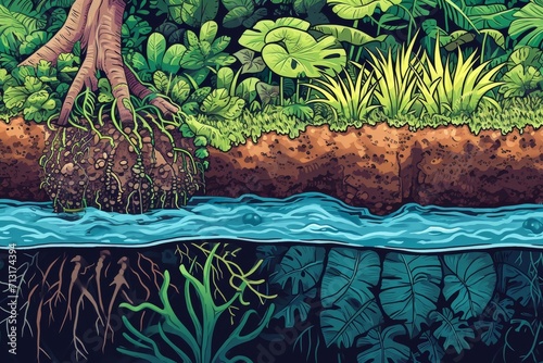 illustration showing a cross-section of a forest and underwater ecosystem photo