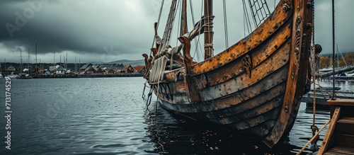 figurehead on the bow of a full scale replica of a viking ship moored in port. Copy space image. Place for adding text